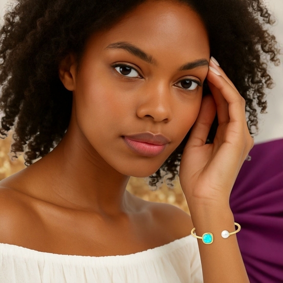 ποΈElegant 18K Gold Plated Stainless Steel Aquamarine Pearl Cuff Bracelet Studs - Picture 8 of 15